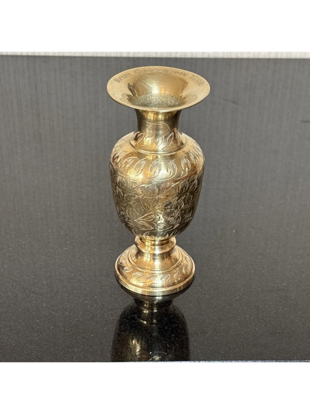 Vintage Brass Bud Vase Etched Floral Spur Honor Society Convention 60s 5" India